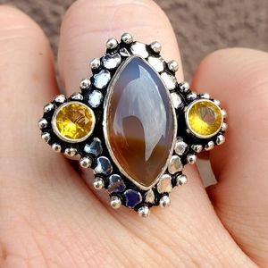 New Botswana Agate & Citrine 925 Silver Ring.